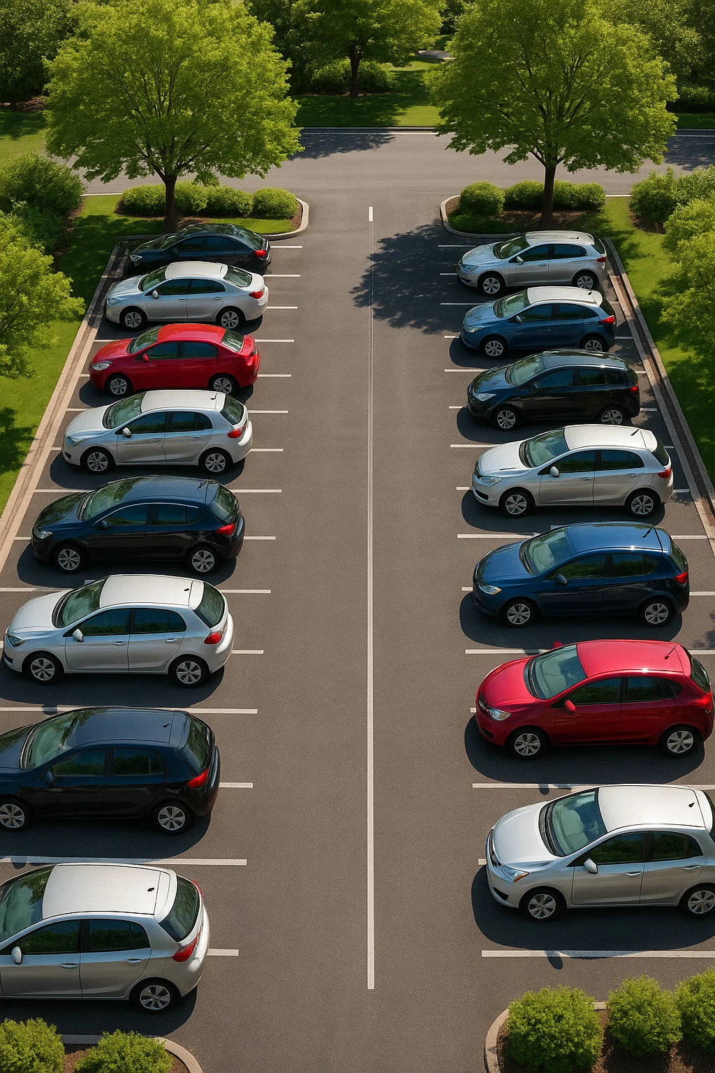 Oversigt over en parkeringsplads med parkerede biler og grønne træer imellem rækkerne.